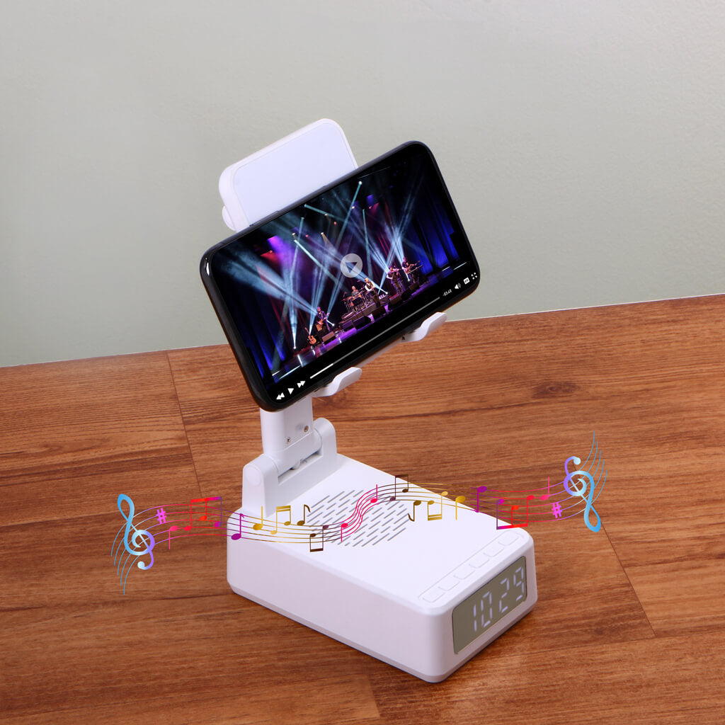 4 in 1 Speaker & Wireless Charger with Clock & Phone Holder 4 in 1 Speaker & Wireless Charger with Clock & Phone Holder