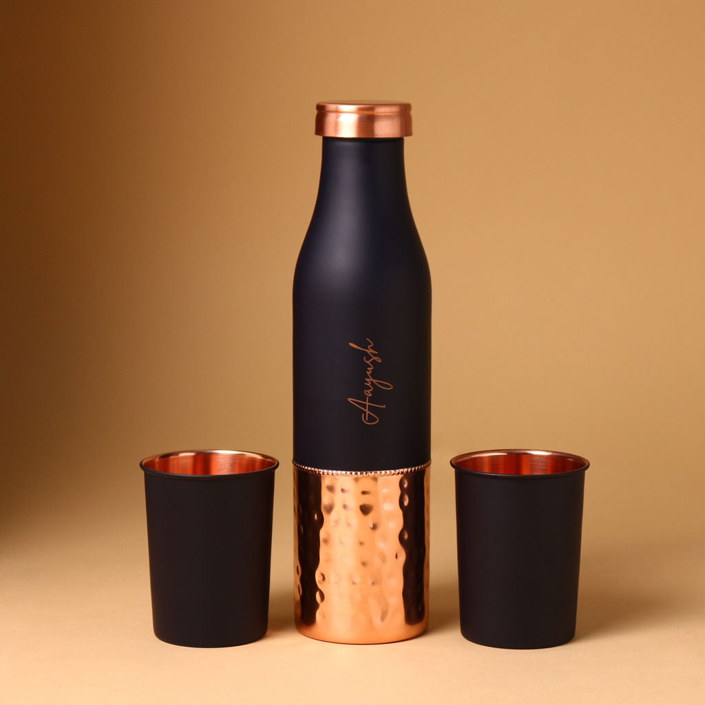 Blue Copper Bottle With Glass- Set of 2
