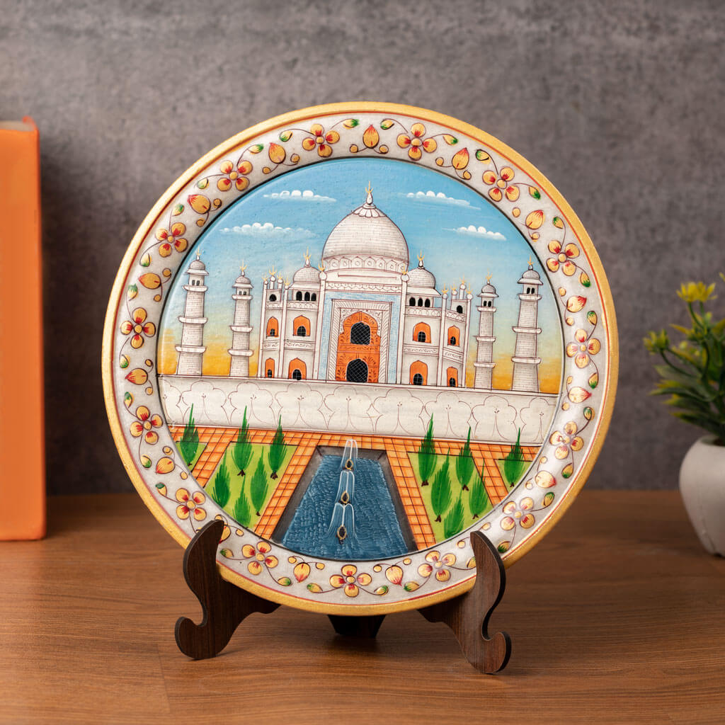 Hand Painted Taj Mahal Decorative Plate With Stand