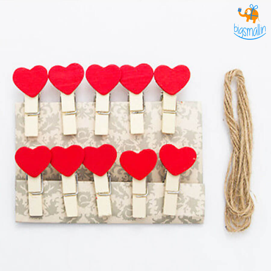 Heart Wooden Paper Clip With String - Set of 10