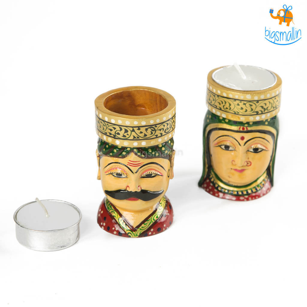 Hand-Crafted Wooden Face Tea Light Holder - Set of 2