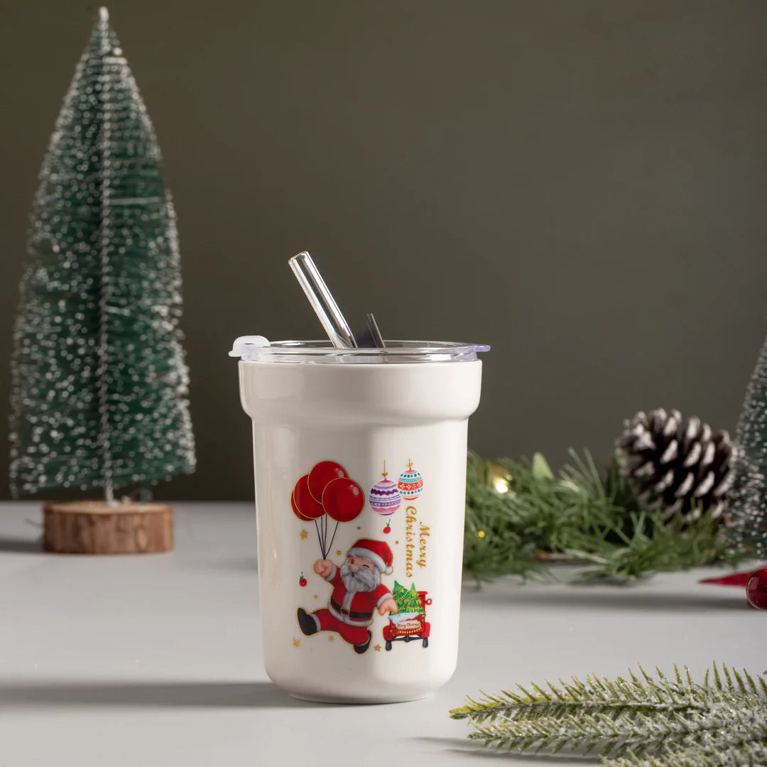 Christmas Ceramic Sipper With Glass Straw