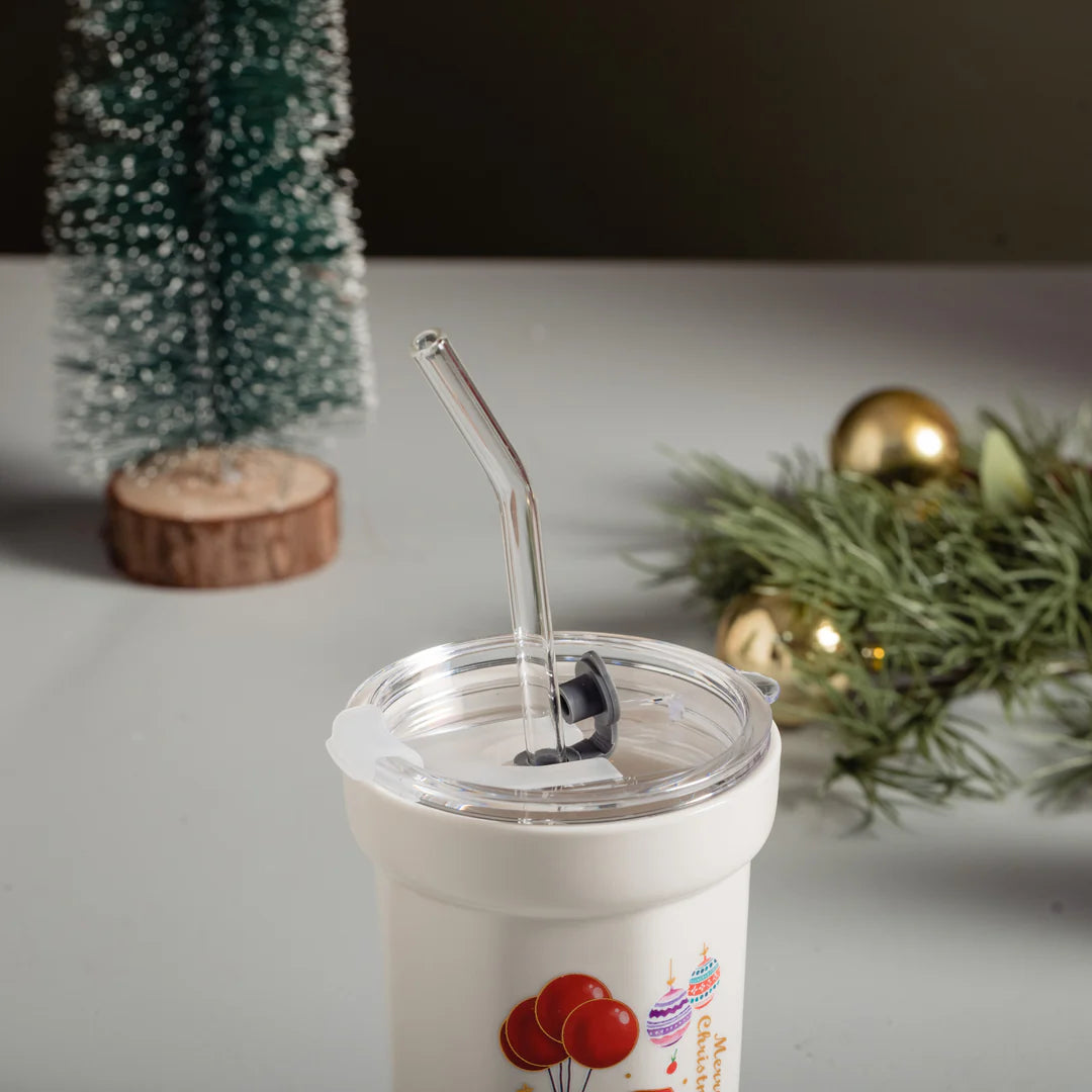 Christmas Ceramic Sipper With Glass Straw