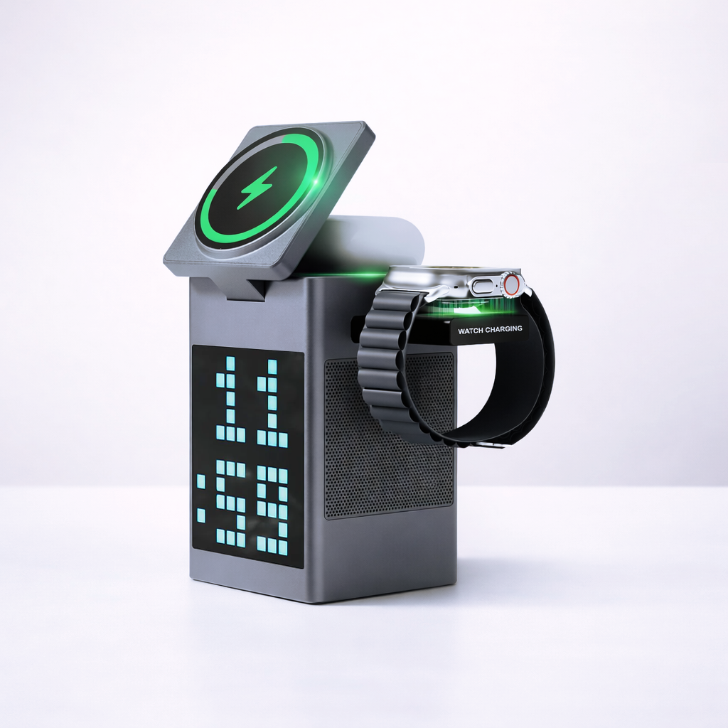 Pixel Dock - 5 in 1 Wireless Charger with Speaker and Clock