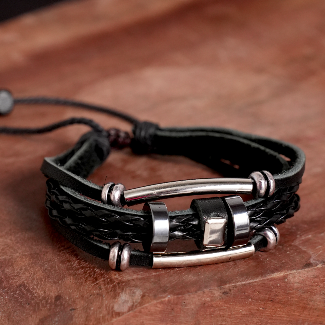 Black Leather Bracelets With Rings