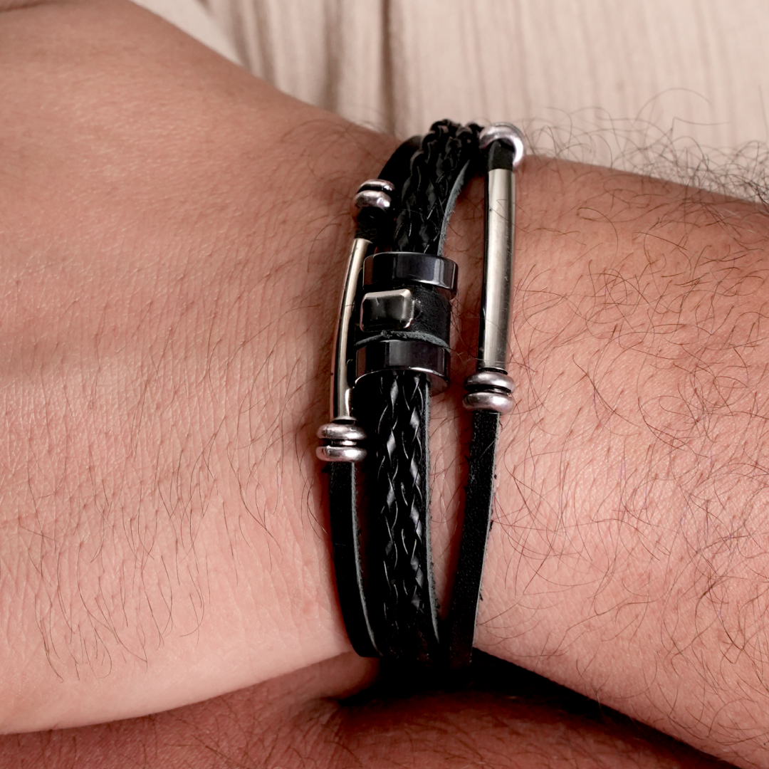 Black Leather Bracelets With Rings