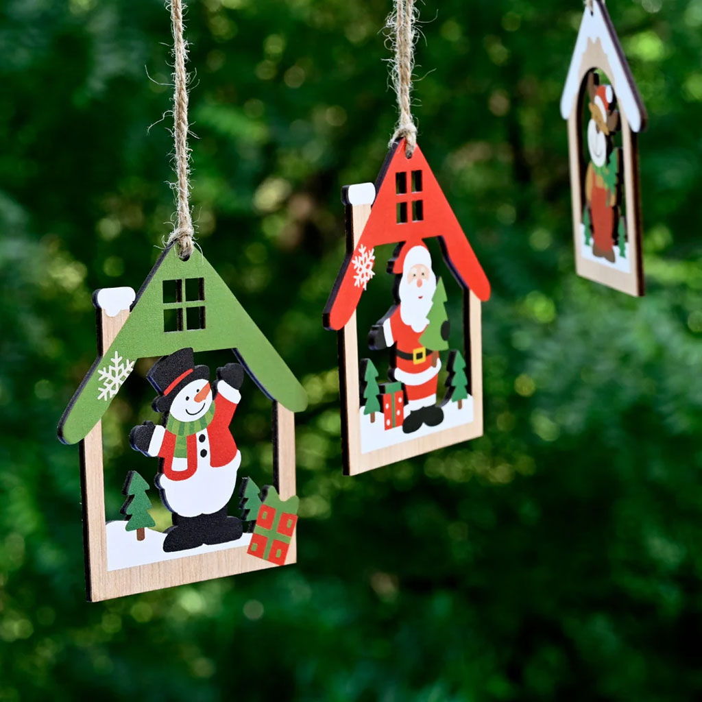 Wooden Christmas Ornaments – Set of 3 House-Shaped Designs