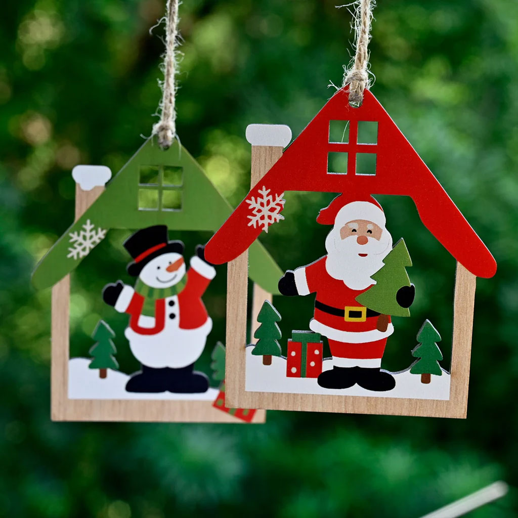 Wooden Christmas Ornaments – Set of 3 House-Shaped Designs