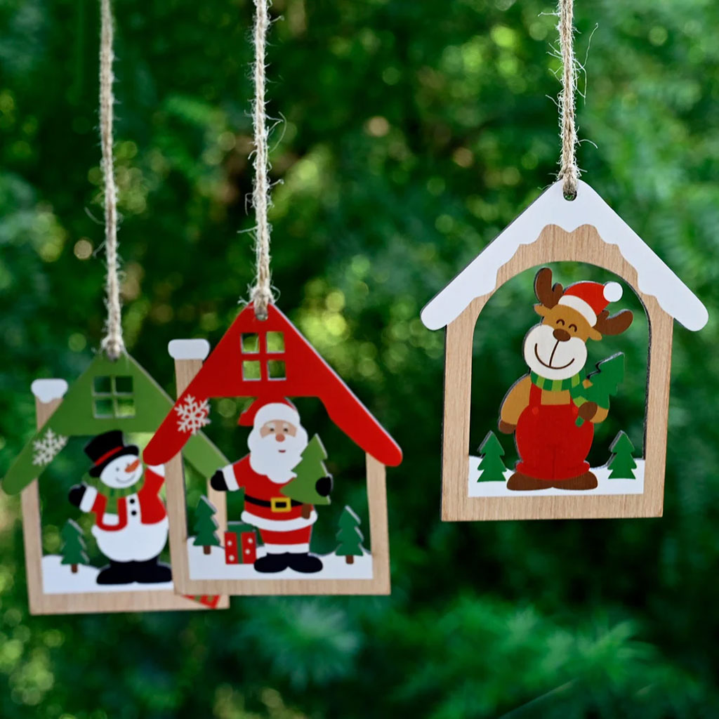 Wooden Christmas Ornaments – Set of 3 House-Shaped Designs