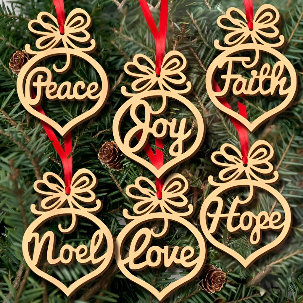 Set of 6 Natural Wooden Christmas Hanging Ornaments – Festive Word Decor