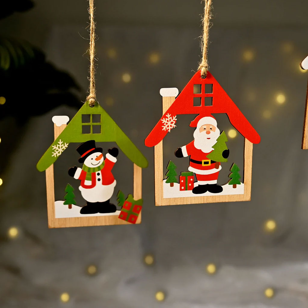 Wooden Christmas Ornaments – Set of 3 House-Shaped Designs