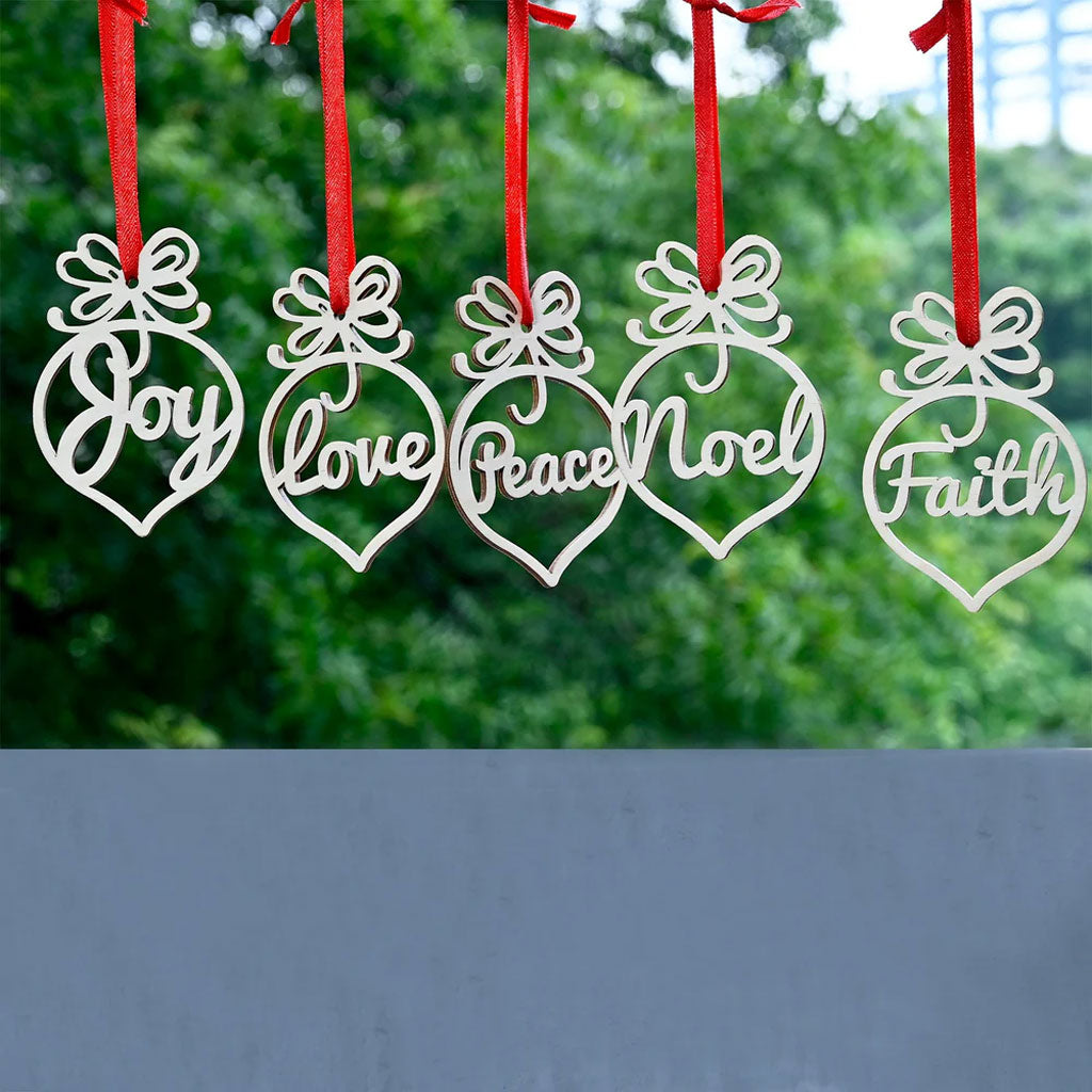 Set of 6 Natural Wooden Christmas Hanging Ornaments – Festive Word Decor