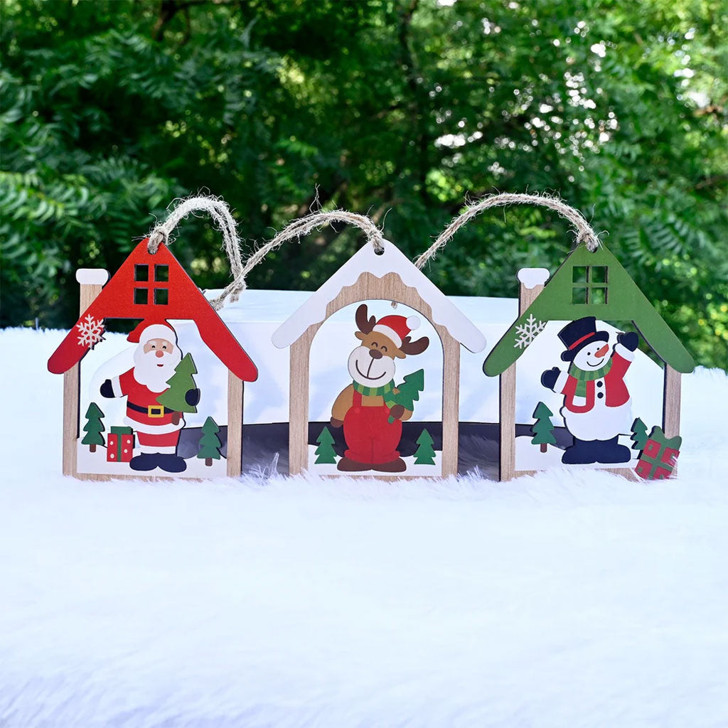 Wooden Christmas Ornaments – Set of 3 House-Shaped Designs