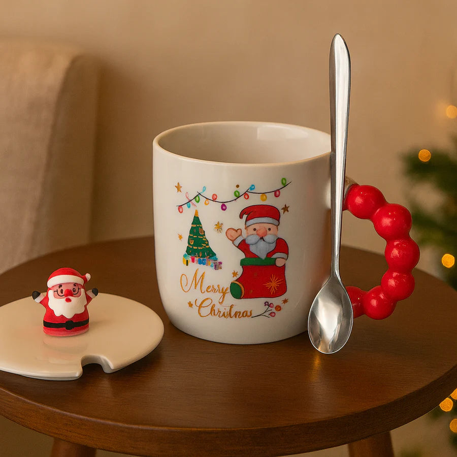 Festive “Merry Christmas” Santa Mug with Lid