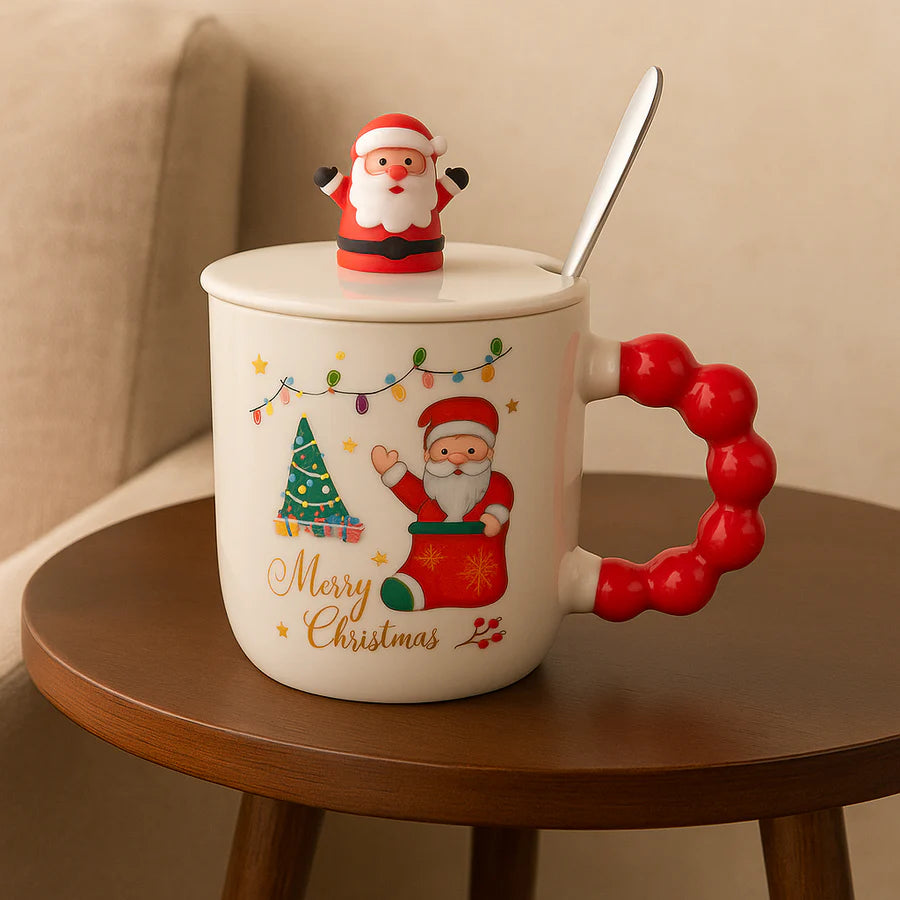 Festive “Merry Christmas” Santa Mug with Lid