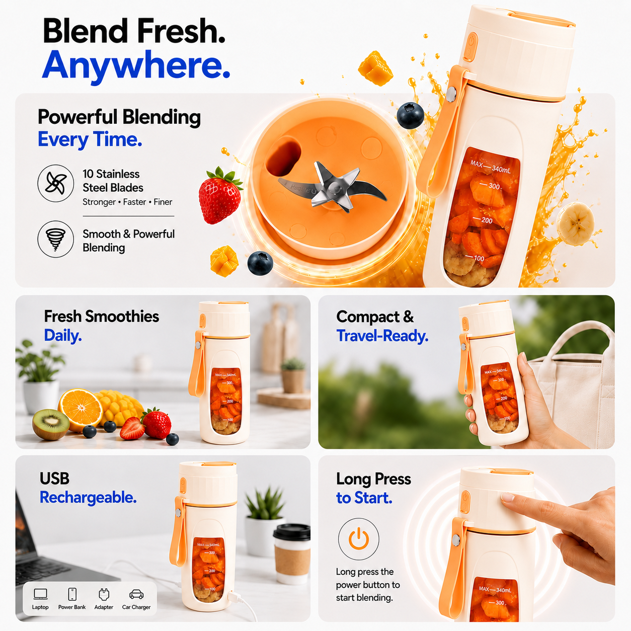 SnapBlend Portable Smoothie Blender- Orange