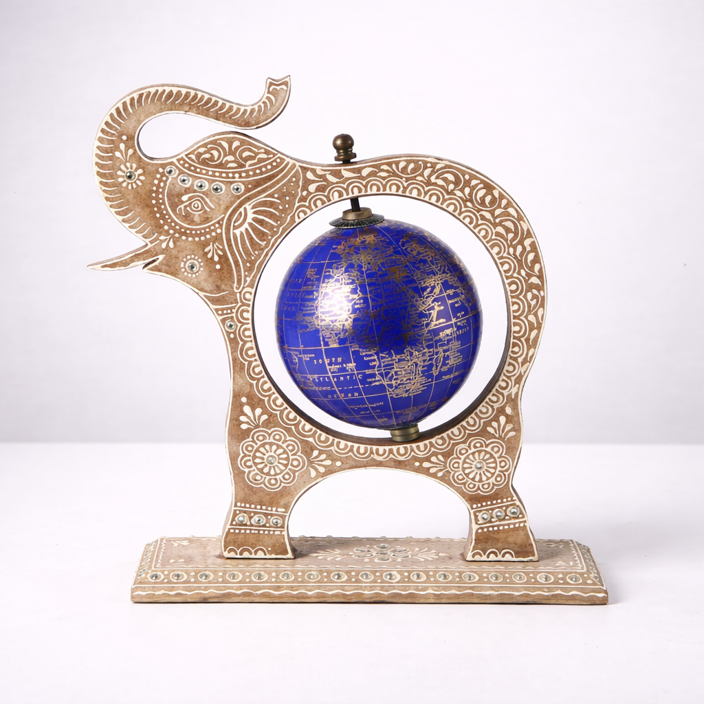 Brown Wooden Elephant Globe Showpiece