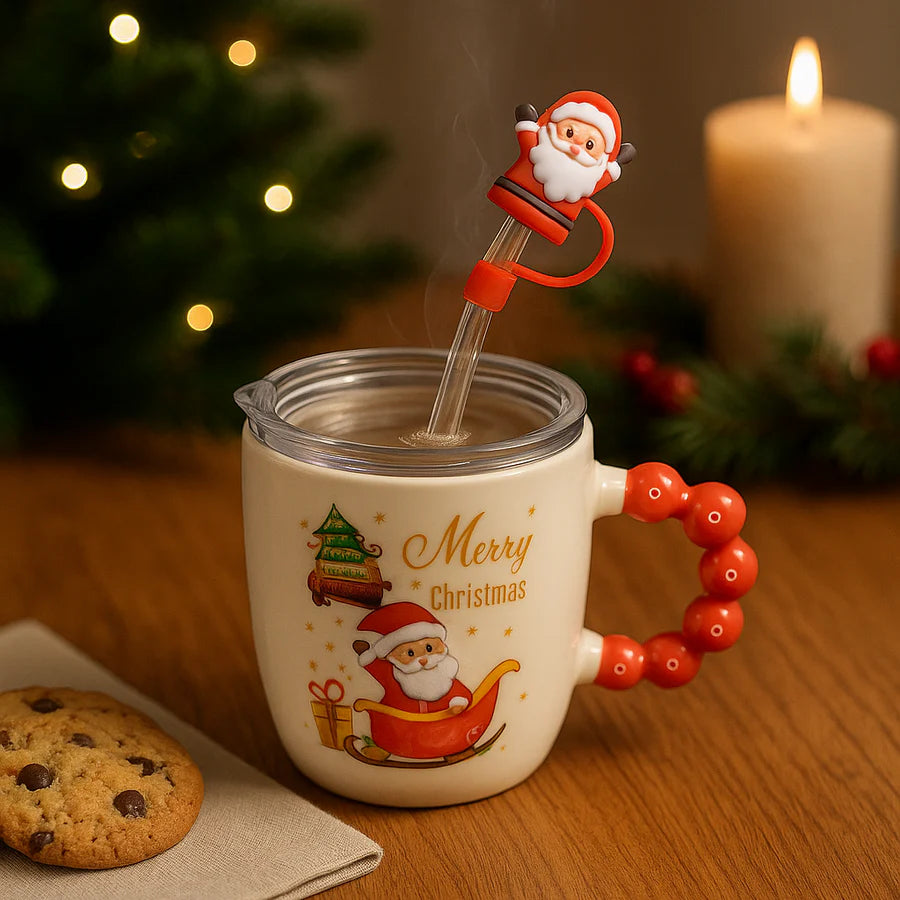 Festive “Merry Christmas” Santa Mug with Straw & Lid Set