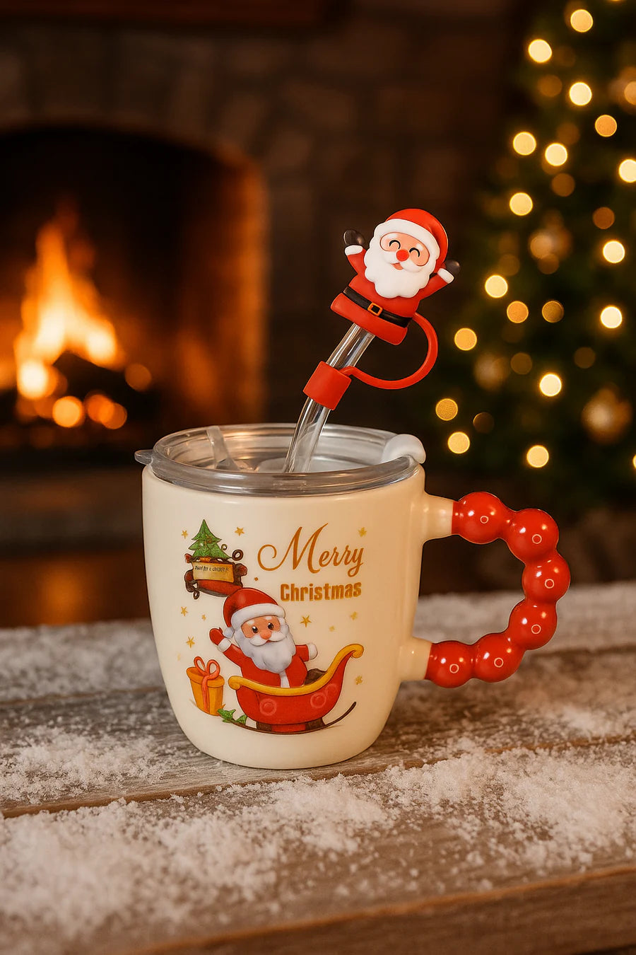 Festive “Merry Christmas” Santa Mug with Straw & Lid Set