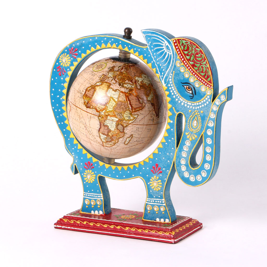 Blue Wooden Elephant Globe Showpiece