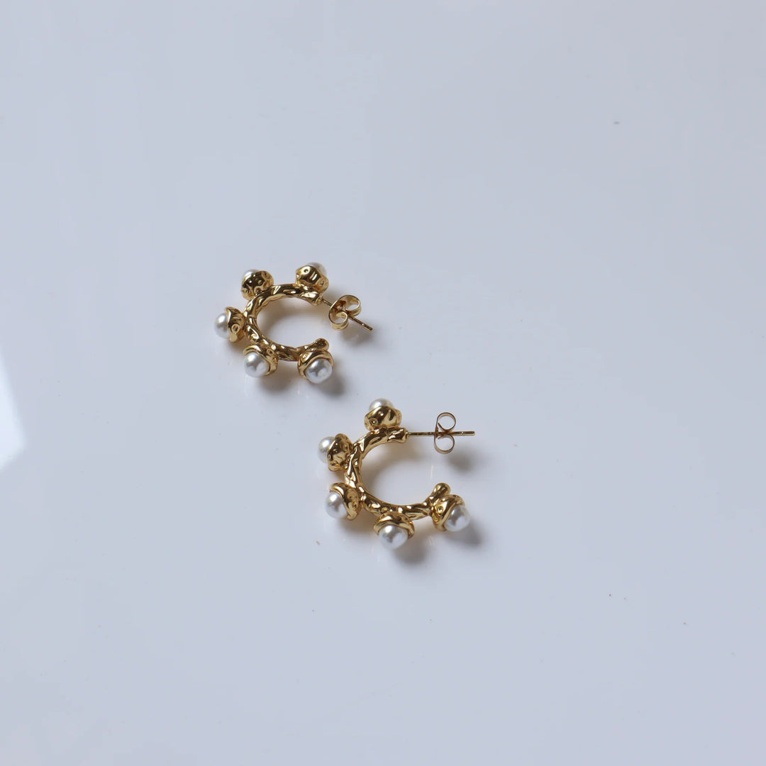 Pearl Hammered Metal 18K Gold Plated Earrings