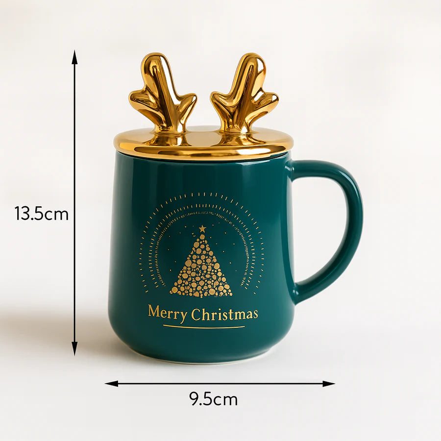 Merry Christmas Ceramic Mug with Golden Reindeer Lid & Santa Spoon