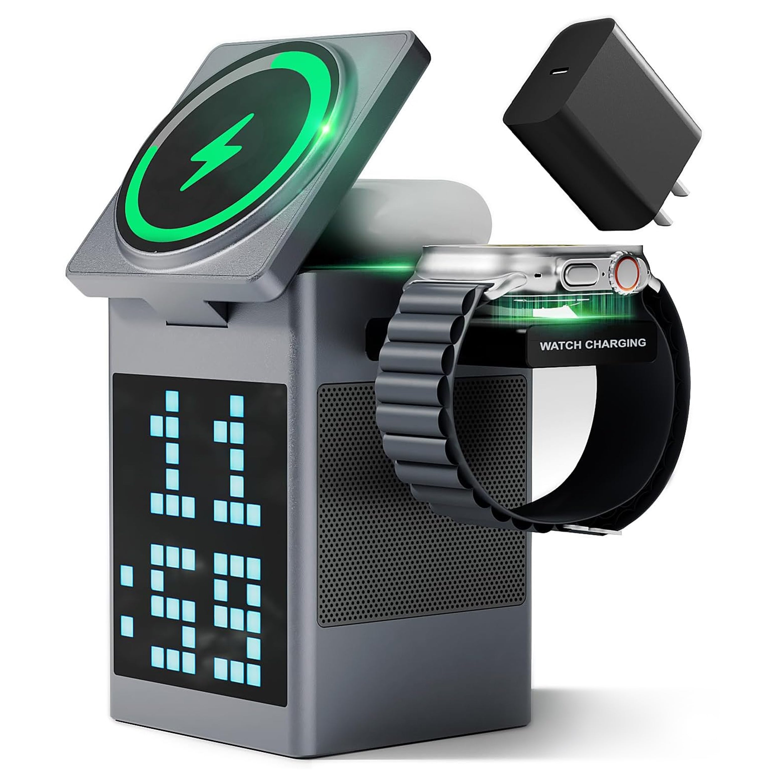 Pixel Dock - 5 in 1 Wireless Charger with Speaker and Clock