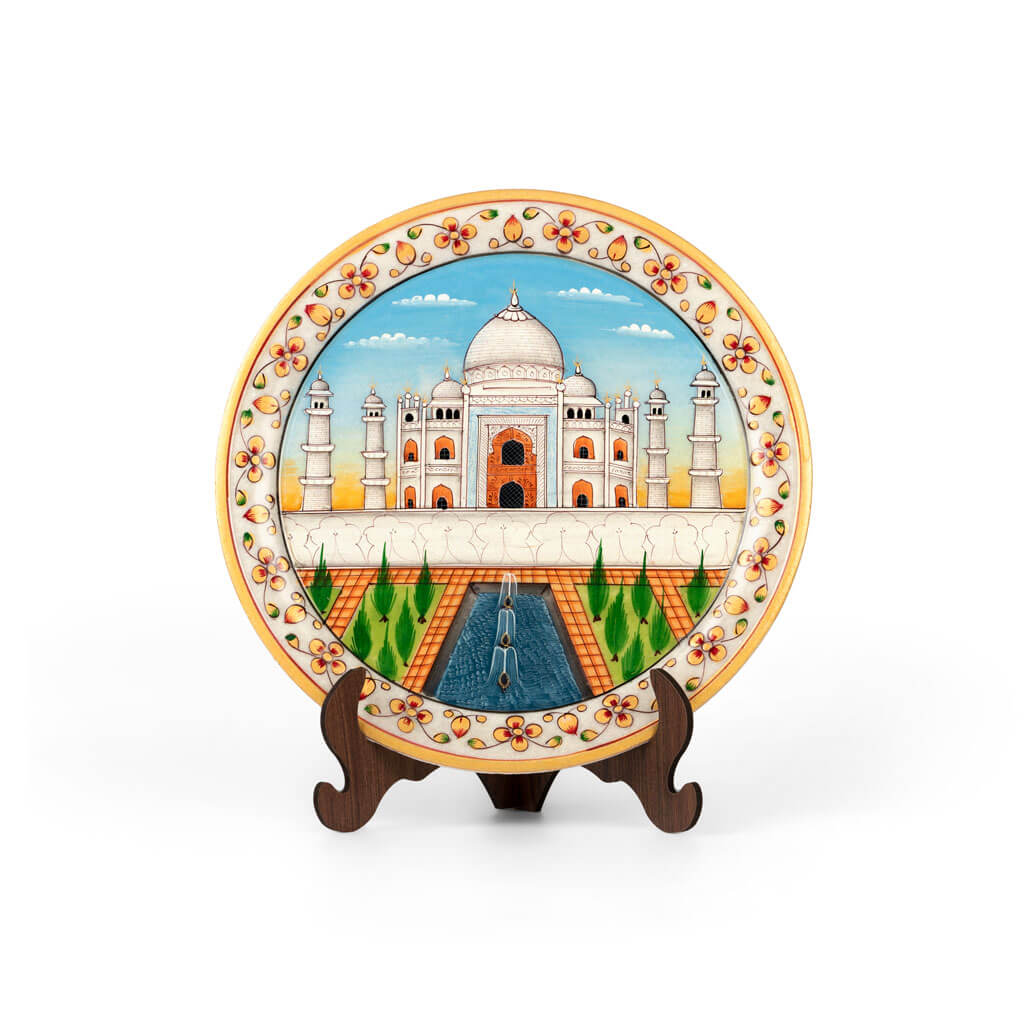 Hand Painted Taj Mahal Decorative Plate With Stand