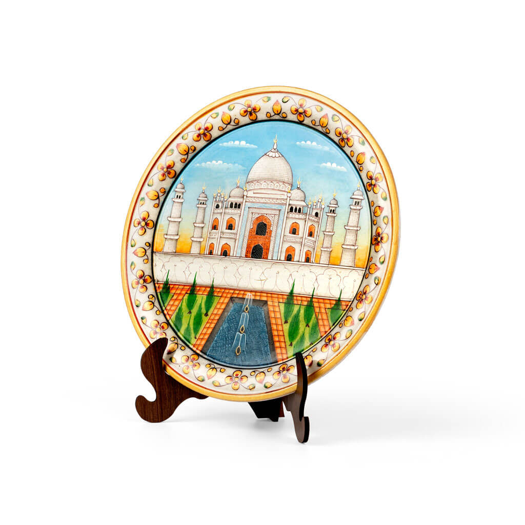 Hand Painted Taj Mahal Decorative Plate With Stand