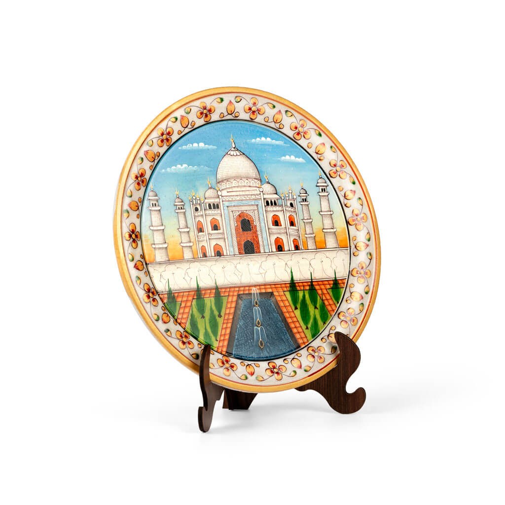 Hand Painted Taj Mahal Decorative Plate With Stand