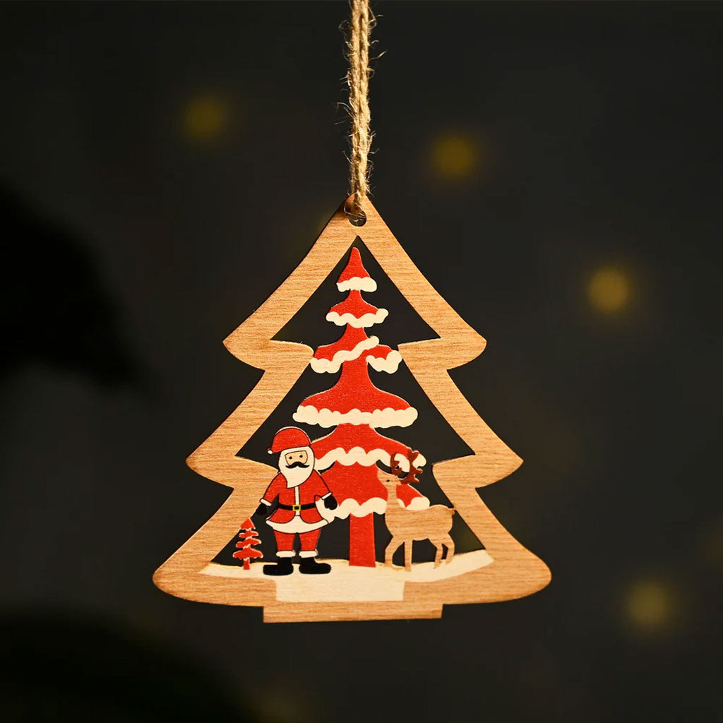 Wooden Christmas Tree Ornament – Santa, Reindeer & Festive Scene
