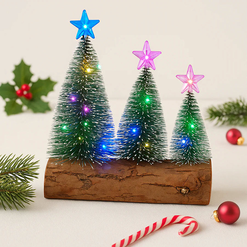Set of 3 Mini Christmas Trees on Wooden Base