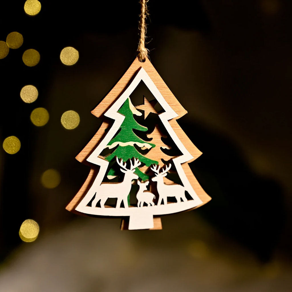 Wooden Christmas Tree Ornament – Reindeer & Trees Scene
