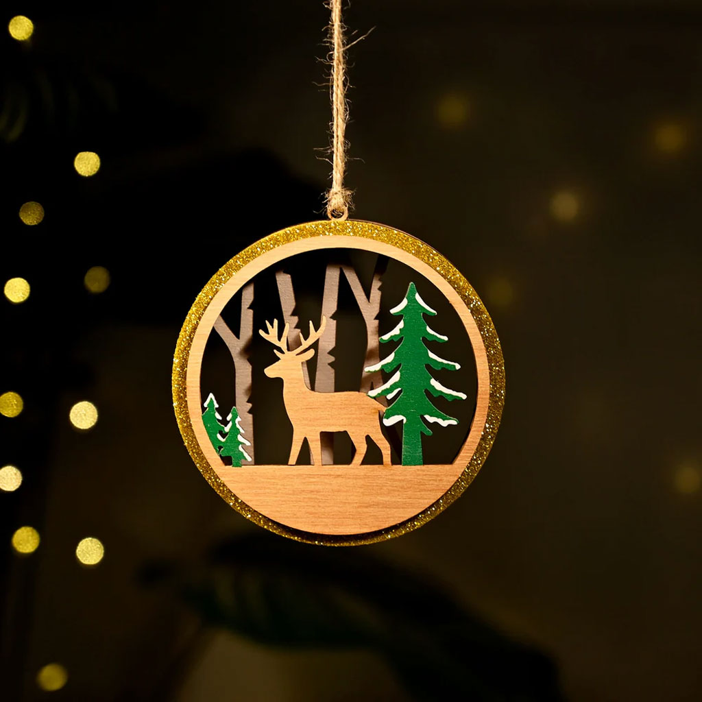 3-Layer Wooden Christmas Ornament – Reindeer & Trees Scene