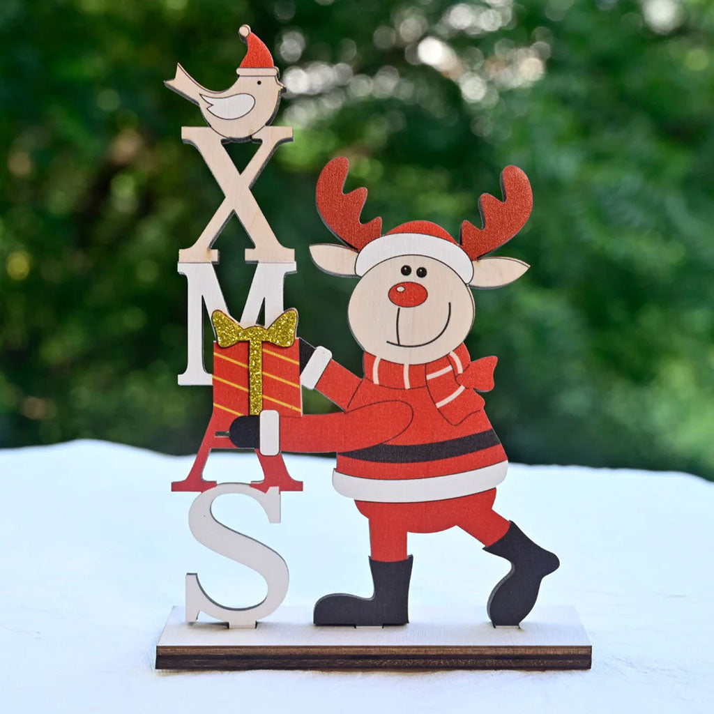 Wooden Christmas Table Decor – Santa Reindeer with XMAS