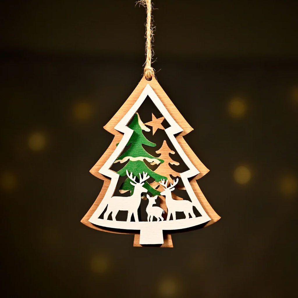 Wooden Christmas Tree Ornament – Reindeer & Trees Scene