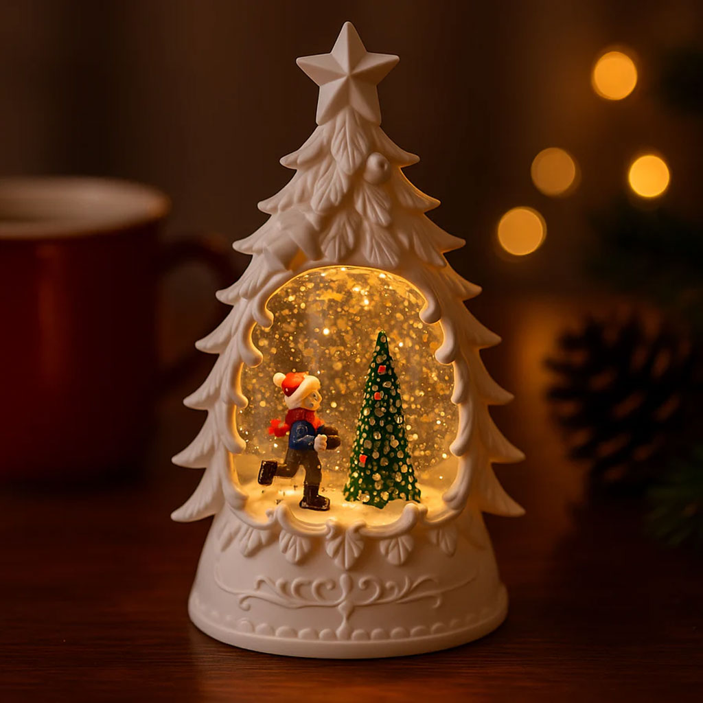 Tree Ceramic LED Snow Tree Light with Glitter & Warm Glow