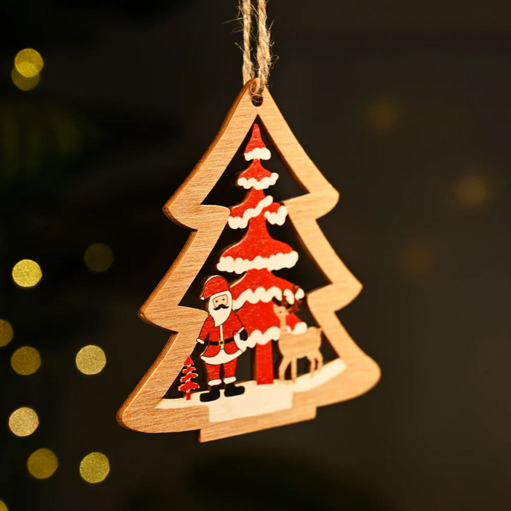 Wooden Christmas Tree Ornament – Santa, Reindeer & Festive Scene
