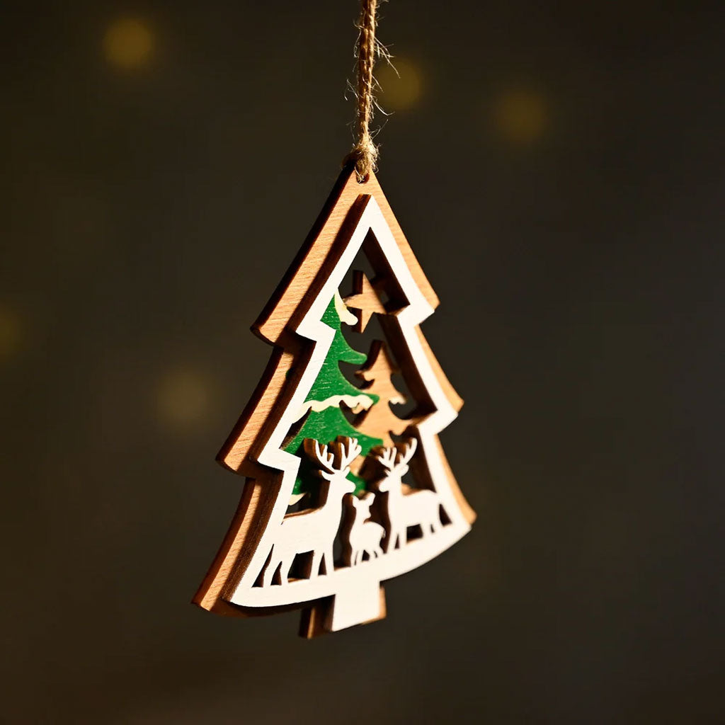 Wooden Christmas Tree Ornament – Reindeer & Trees Scene