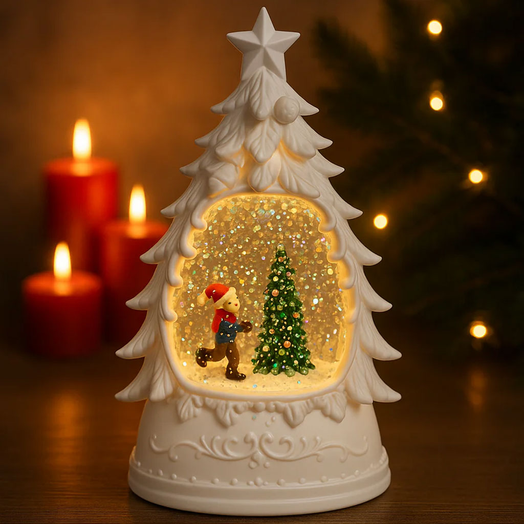 Tree Ceramic LED Snow Tree Light with Glitter & Warm Glow