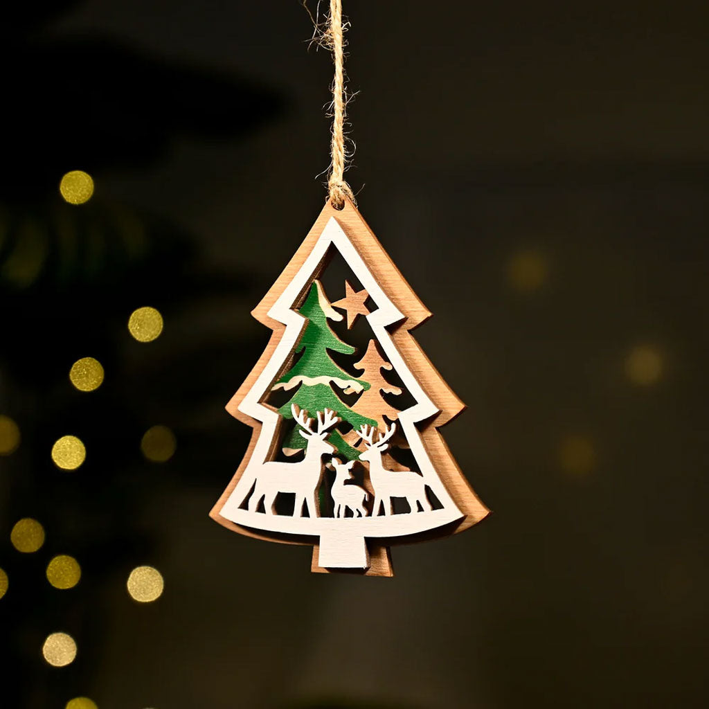 Wooden Christmas Tree Ornament – Reindeer & Trees Scene