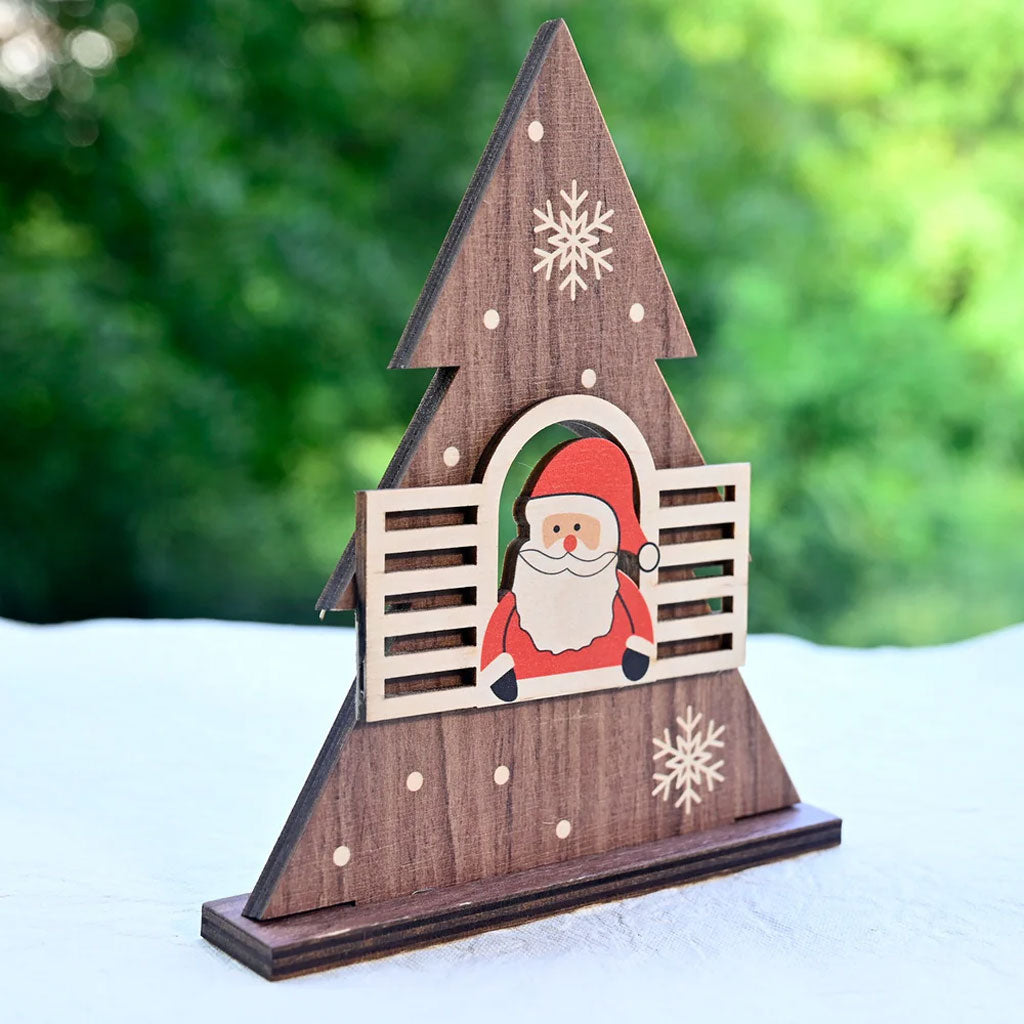 Wooden Christmas Table Decor – 3D Santa Window Scene