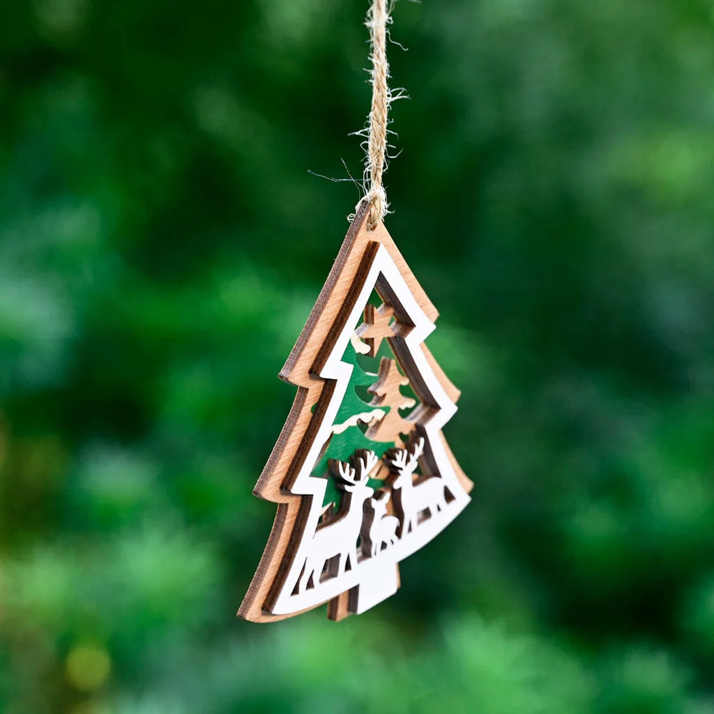 Wooden Christmas Tree Ornament – Reindeer & Trees Scene