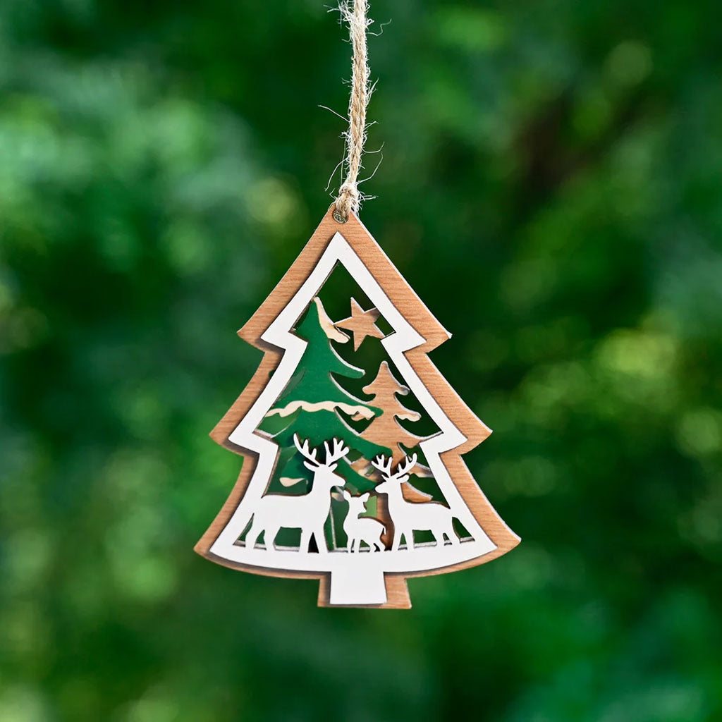 Wooden Christmas Tree Ornament – Reindeer & Trees Scene
