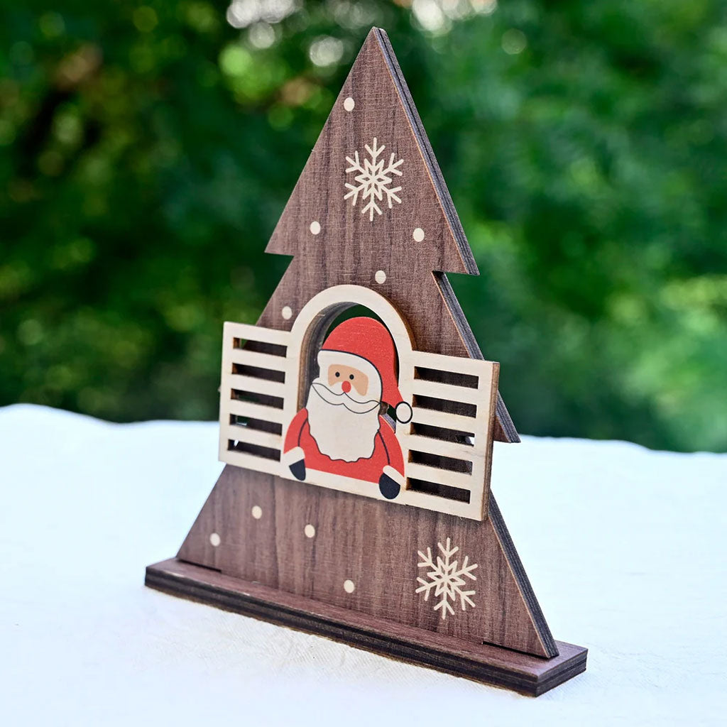 Wooden Christmas Table Decor – 3D Santa Window Scene