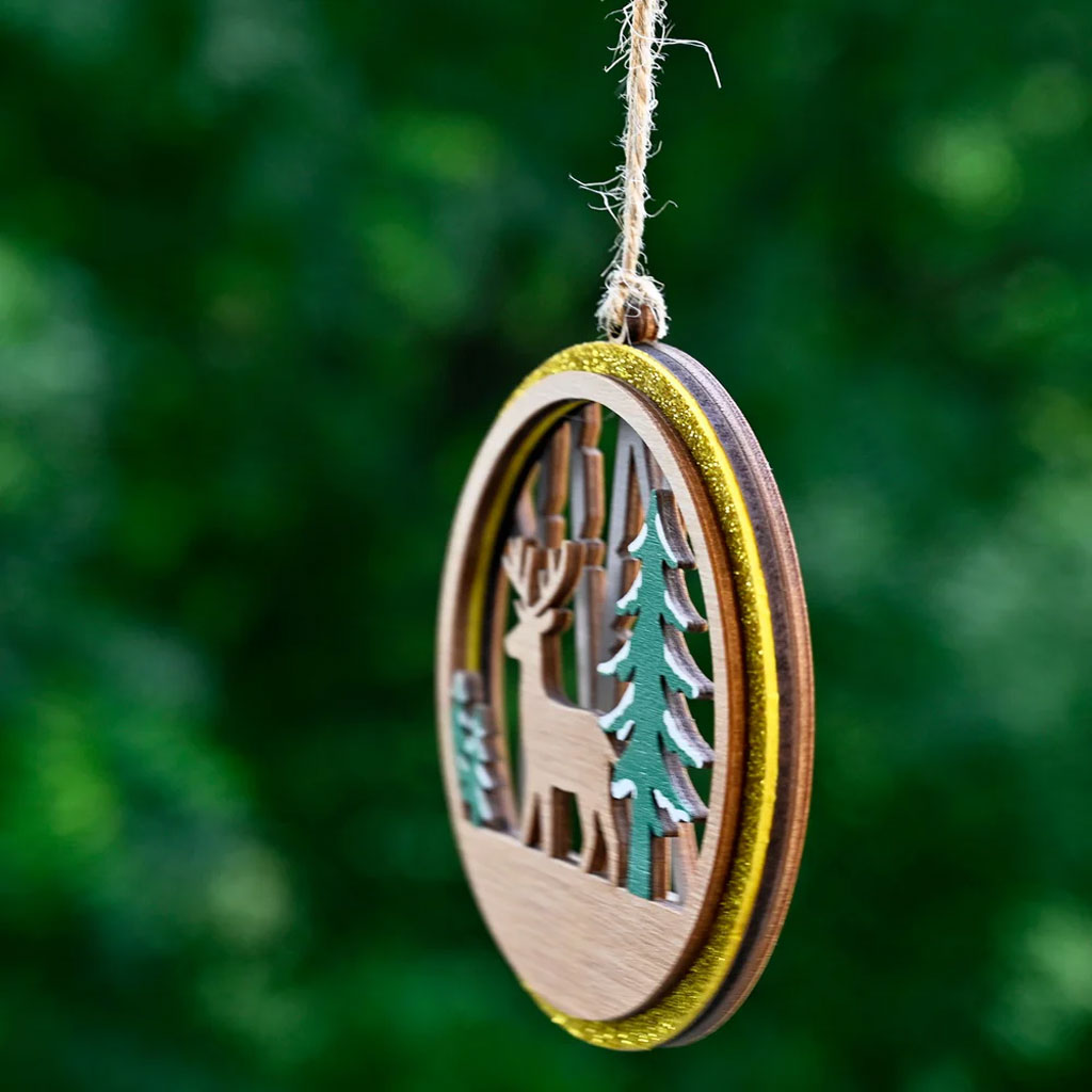 3-Layer Wooden Christmas Ornament – Reindeer & Trees Scene