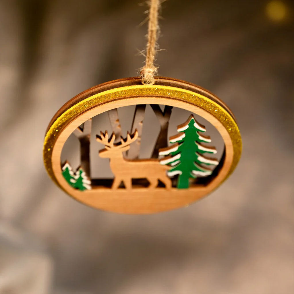 3-Layer Wooden Christmas Ornament – Reindeer & Trees Scene