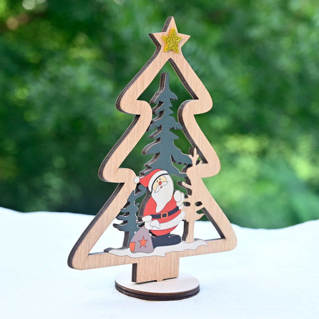 Wooden Christmas Table Decor – Santa & Tree Scene