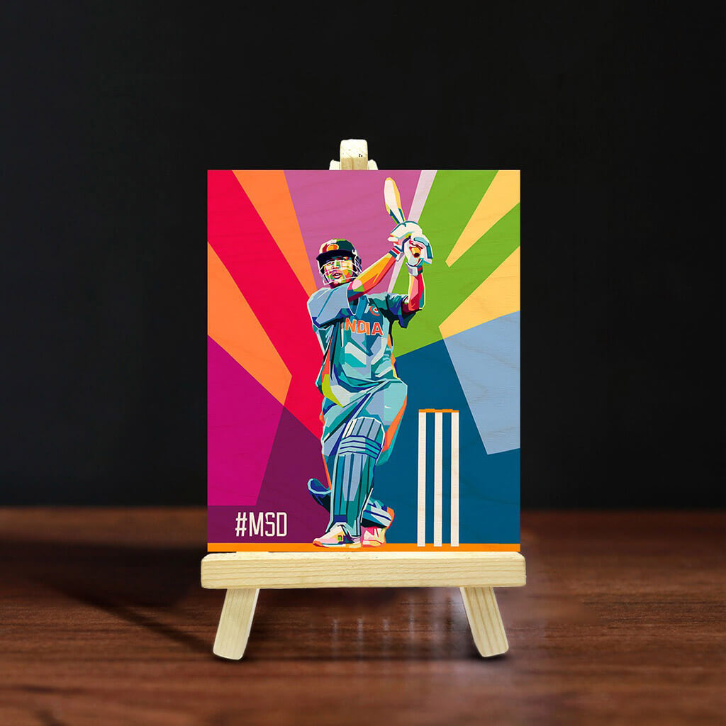 Dhoni Wooden Print With Easel Stand