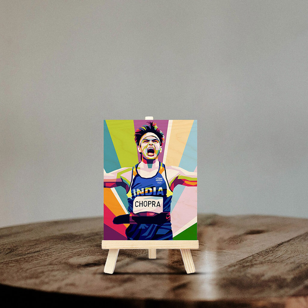 Neeraj Chopra Wooden Print With Easel Stand